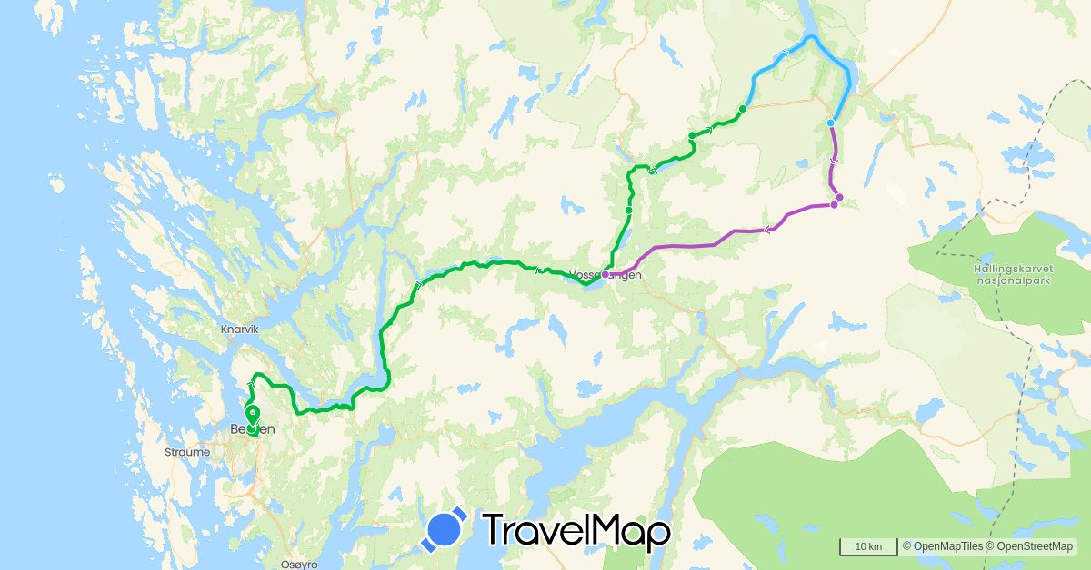TravelMap itinerary: bus, train, boat in Norway (Europe)